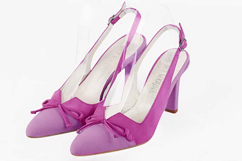 Mauve purple and shocking pink women's open back shoes, with a knot. Tapered toe. High slim heel. Front view - Florence KOOIJMAN